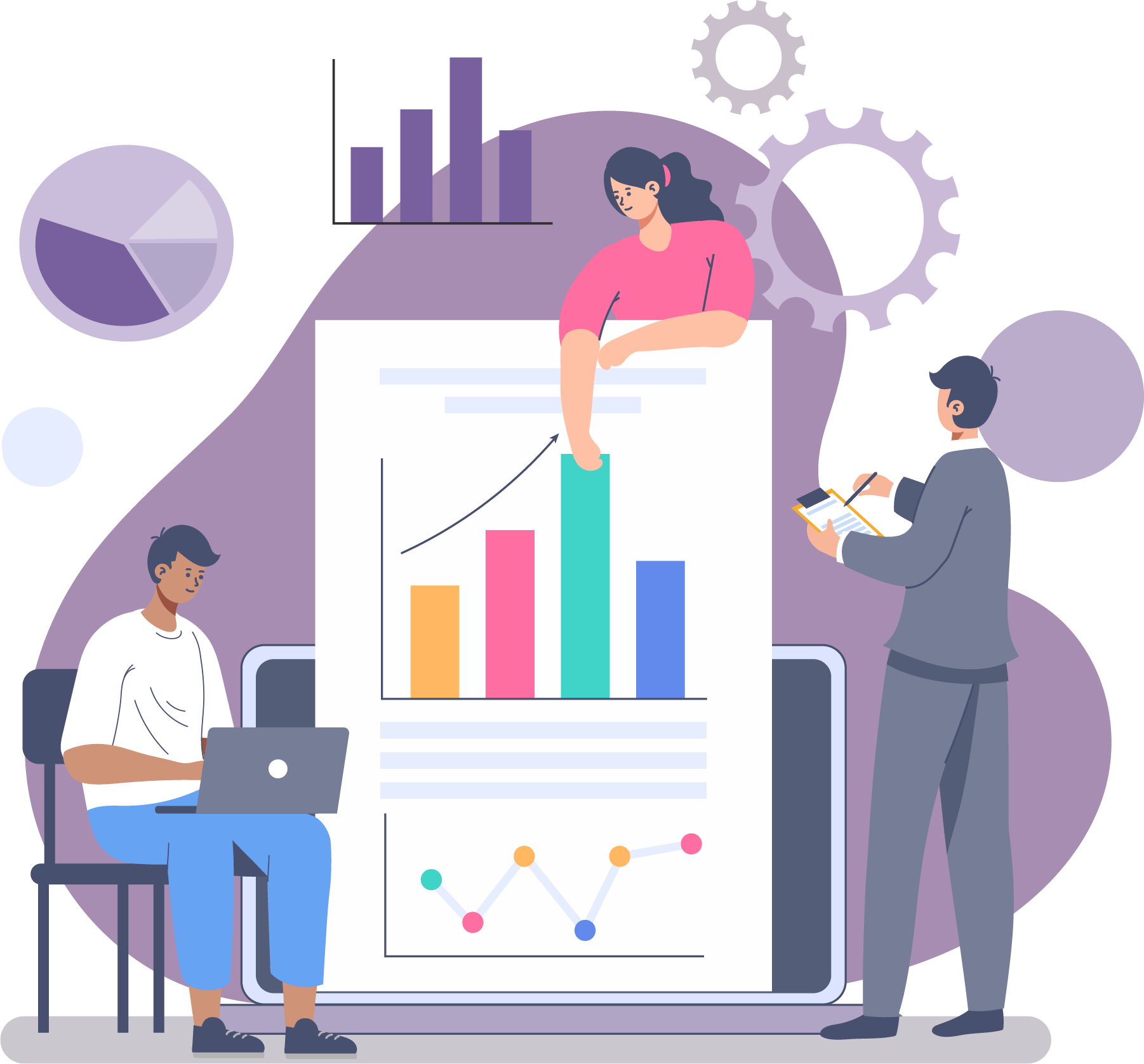 Diagram of 3 people reviewing charts as part of the Investment Management Framework